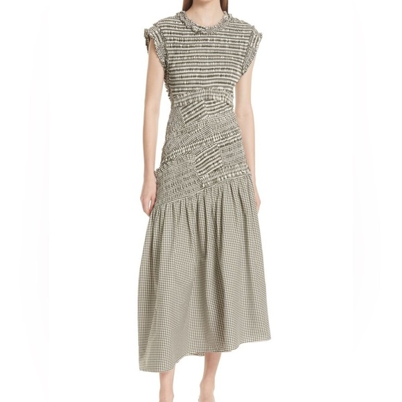 3.1 Phillip Lim Green Gingham Smocked Drop Waist Cut-Out Back Dress  Size 6 - Picture 1 of 16
